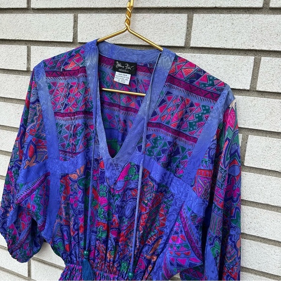 1980’s Rare Vintage Diane Freis Silk Dolman V-Neck Godet Dress Purple Abstract - Picture 5 of 11
